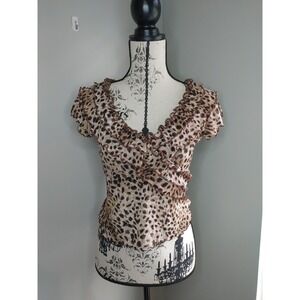 Vtg Clio Leopard Print Wrap Ruffle Crop Y2K Blouse Womens Size Small Sexy Flowy